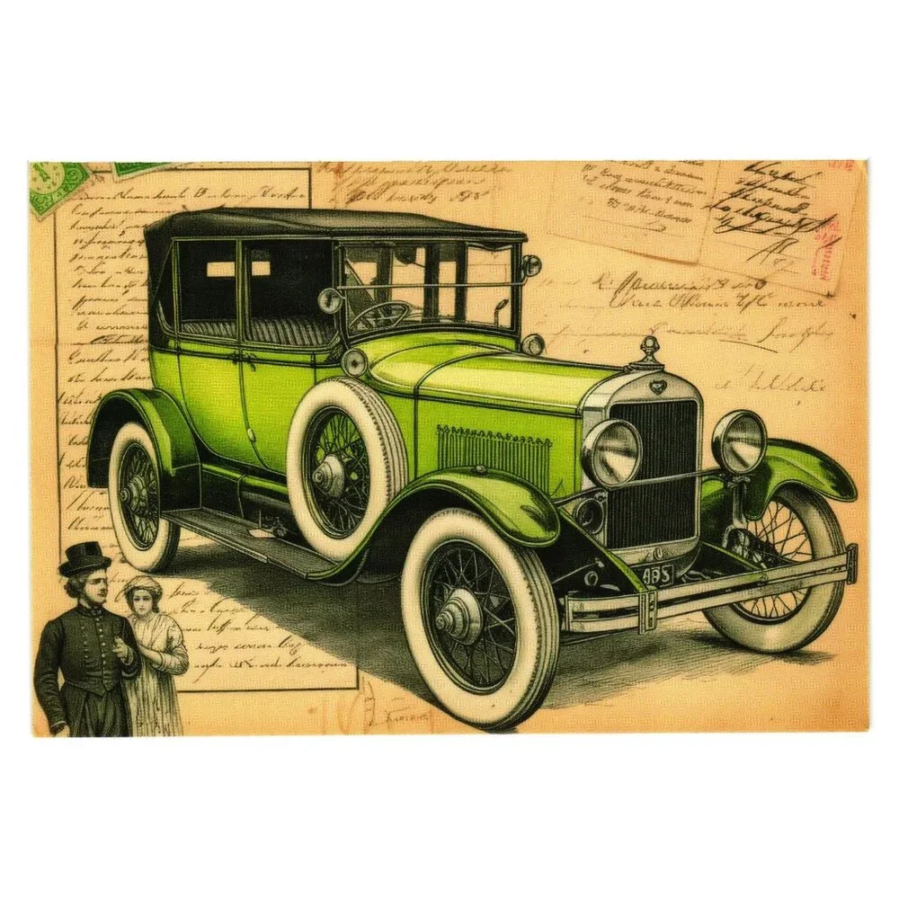 Vintage Car Illustration Art Postcard Blank Classic Green Antique Auto Man Cave